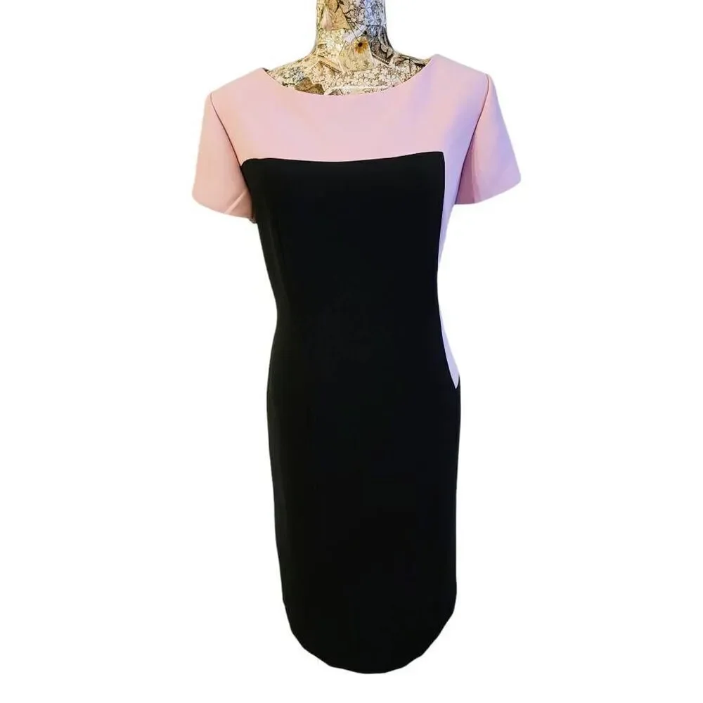 Dress Color Block Light Pink Black Geometric Slimming Waist S.L. Fashions Midi